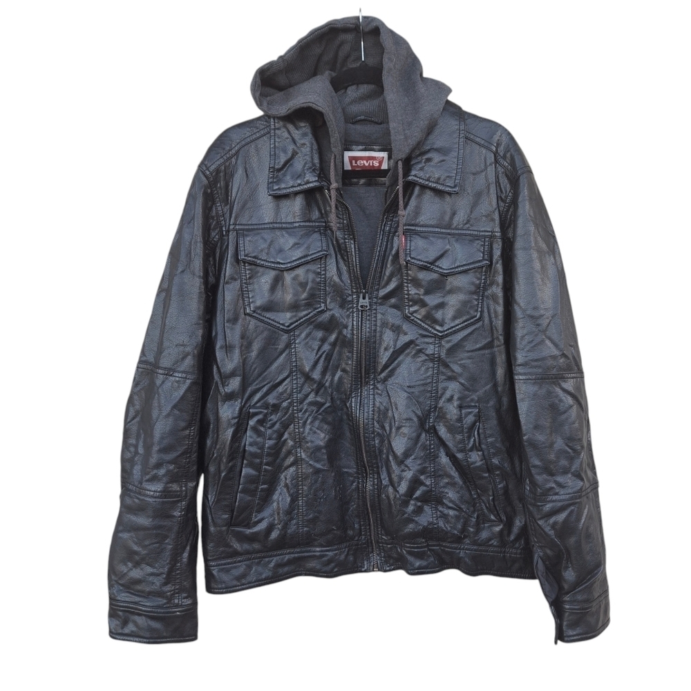 Levis Leather Jacket Lined Hoodie with Drawstring Black Bomber Moto Size Medium